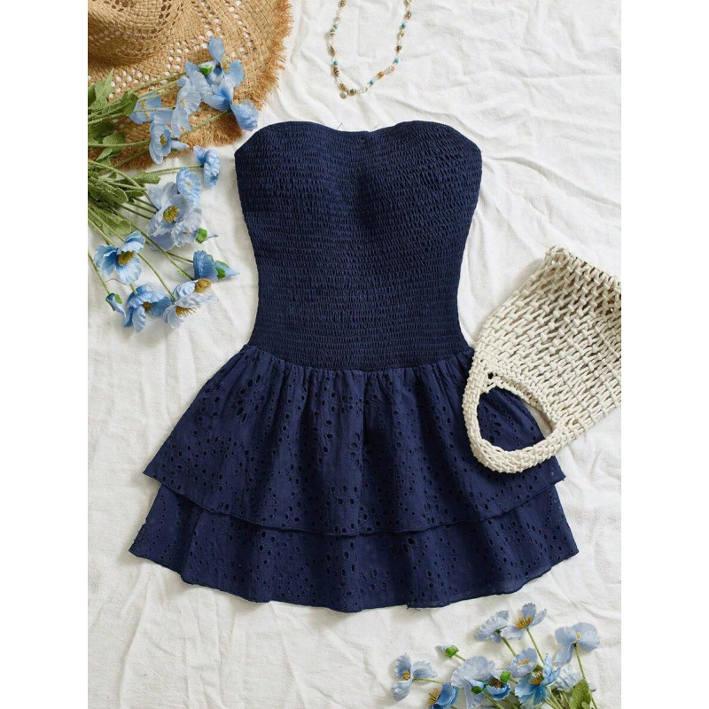 D 85074 comercio exterior Aliexpress moda transfronteriza azul navy pliegue sin correa de hombro bordado agujero sexy