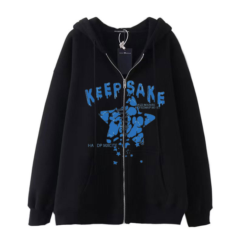 Diablo Hip Hop Gothic Harajuku Y2K Heart Star Printed Zipper Hoodie Harajuku Coat Sweater