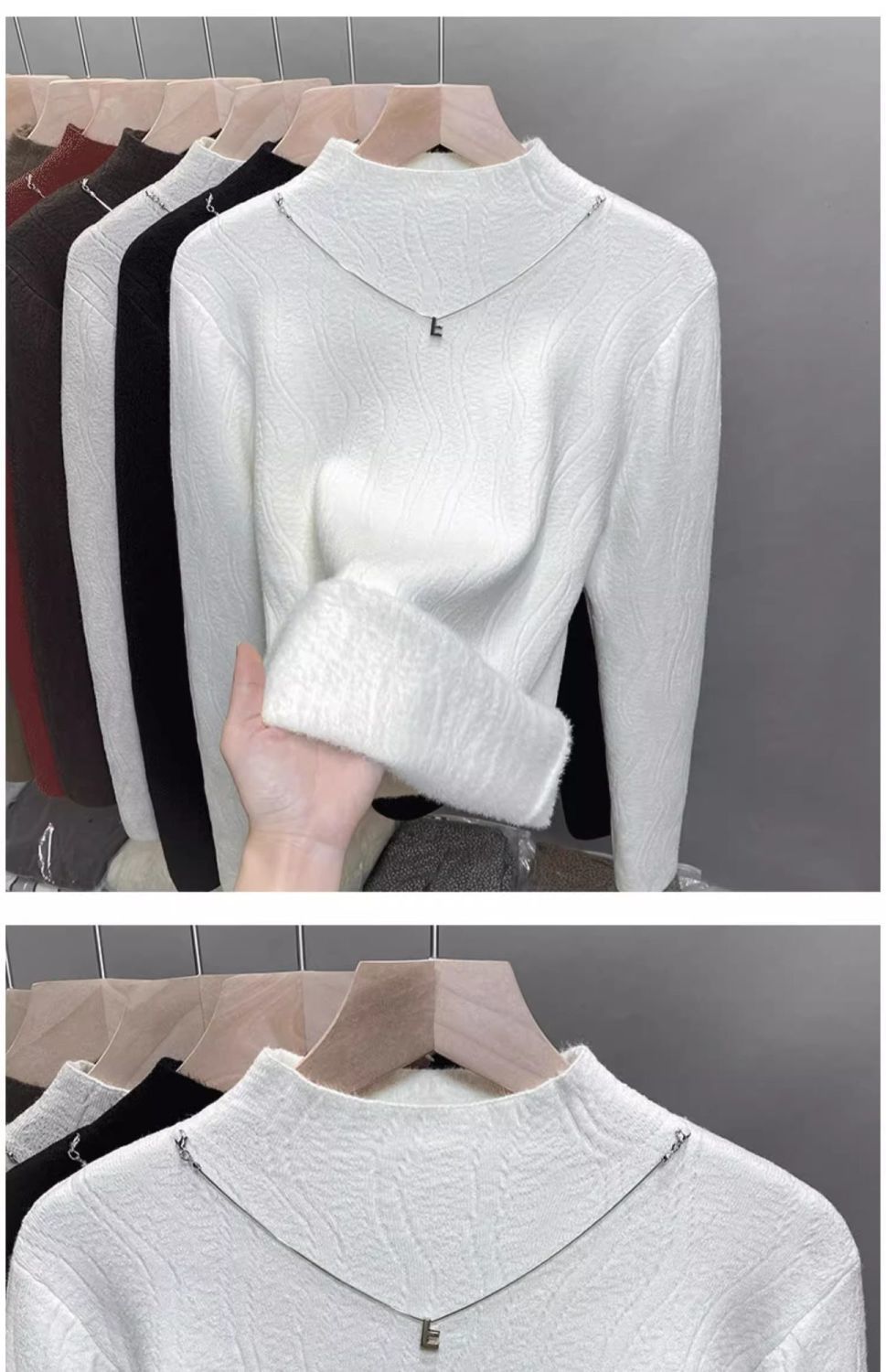 Damen-Fleece-gefütterter Strickpullover – Halbhoher Rollkragen, dickes Winter-Thermooberteil (Weiß, Schwarz, Beige, Khaki, Grau, Rot, Camel, Braun)_voghion.com