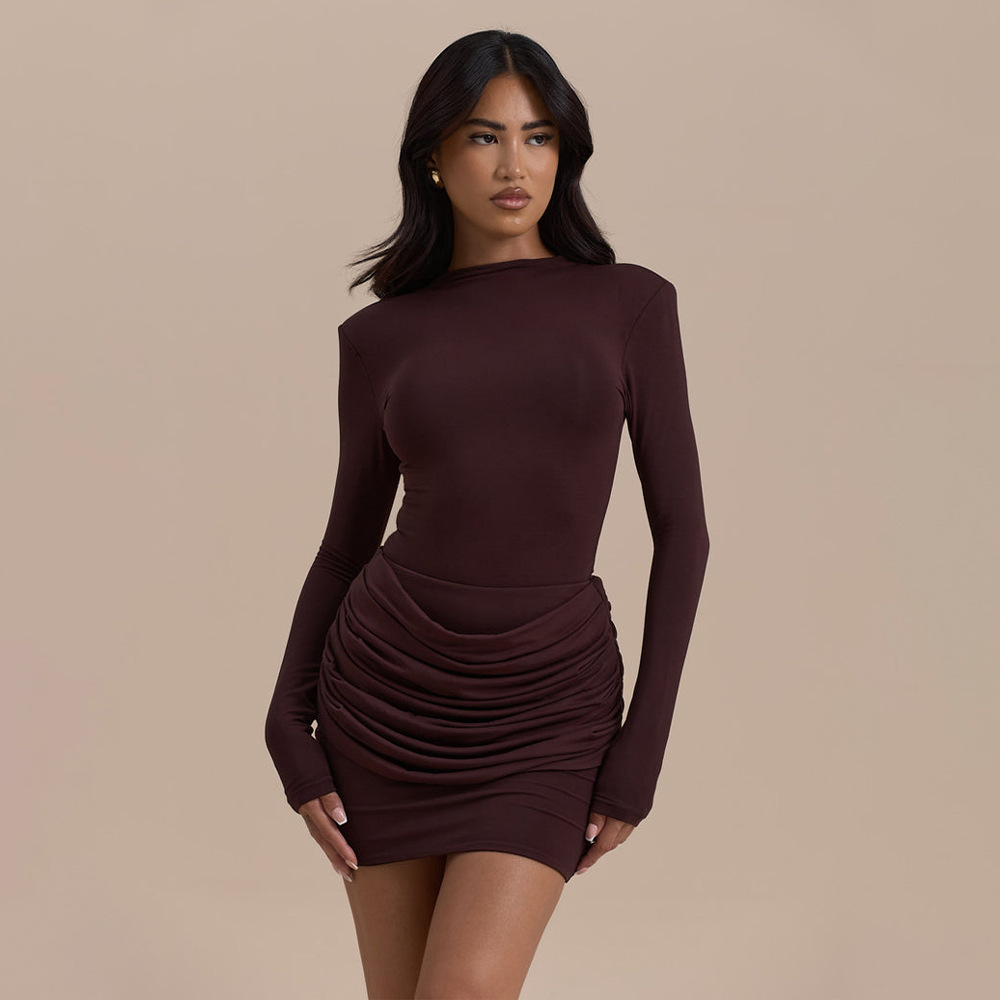 2025 transfronterizo estilo europeo y americano de otoño nuevo paquete sexy de color sólido cuello redondo prensado de vestir delgado de mujer
