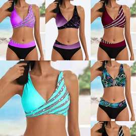 2022新款比基尼欧美分体印花泳衣女性感聚拢bikini泳装亚马逊