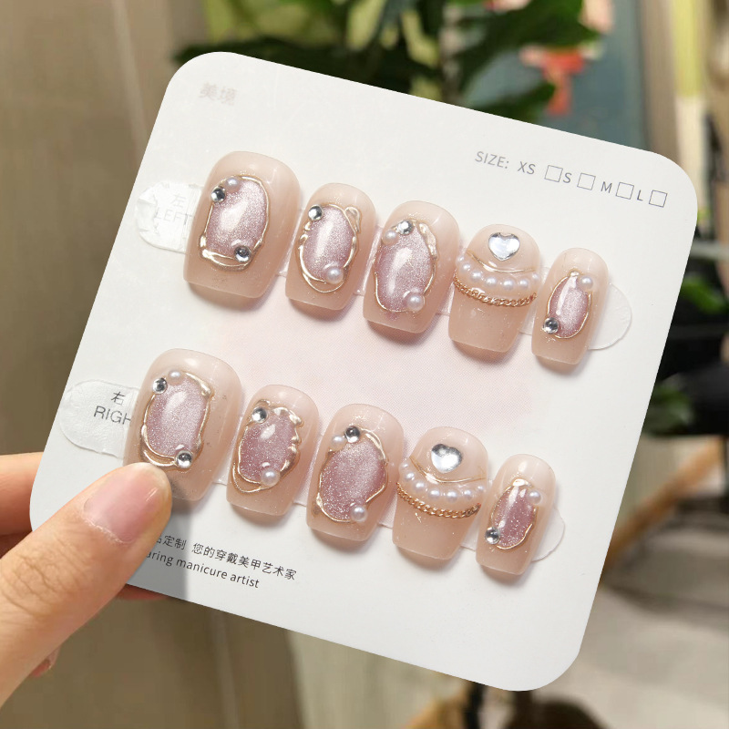 D445假指甲巴洛克秋冬立体鎏金链条小钻猫眼手工封层贴片可拆女生|undefined