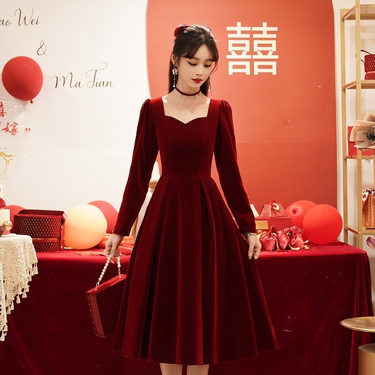 敬酒服花嫁冬長袖ワインレッド普段はドレス婚約服ワンピースを着て宴会に戻ることができる|undefined