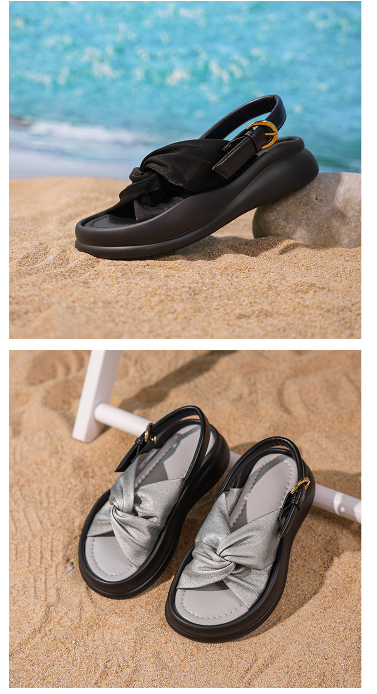 Dép sandal nữ quai chữ V satin phong cách Trung Quốc, đế dày tăng chiều cao, thoải mái đa năng — đen, bạc chi tiết 10