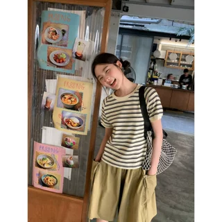 经典黑白条纹插肩袖短袖t恤女夏新款小宽松纯棉圆领上衣