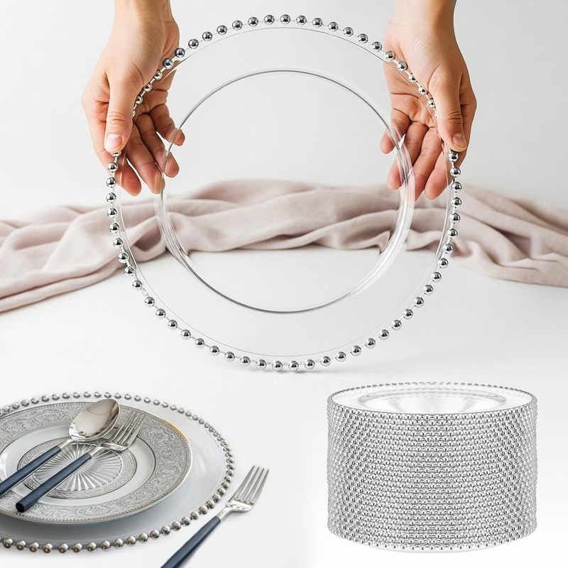 Chargerplate Export Christmas Decoration Plate Luxury Wedding Hotel Plastic Plate Transparent Simple Silver Bead Main Plate