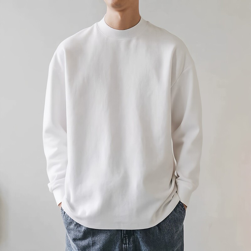 American-style small collar heavy-weight Xinjiang pure cotton long-sleeve T-shirt, unisex, loose fit, white, high weight, suitable for layering American-style small collar heavy-weight Xinjiang pure cotton long-sleeve T-shirt, unisex, loose fit, white, high weight, suitable for layering