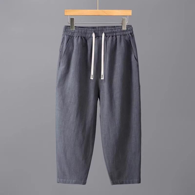Spring and Summer Solid Color Linen Elastic Drawstring Cropped Pants Breathable Comfortable Cotton Linen Fabric Casual Straight Versatile Men's Pants