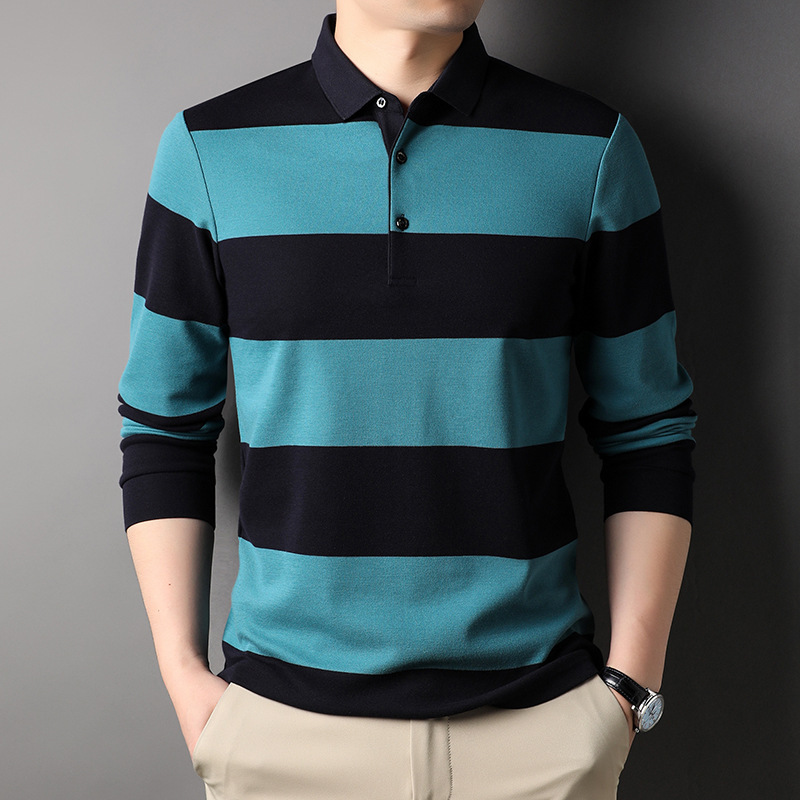 Large Striped Polo Shirt for Men, Black and White Long-Sleeve Breathable Sweat-Absorbent Casual Coffee-Colored Vintage Polo, Versatile and Casual