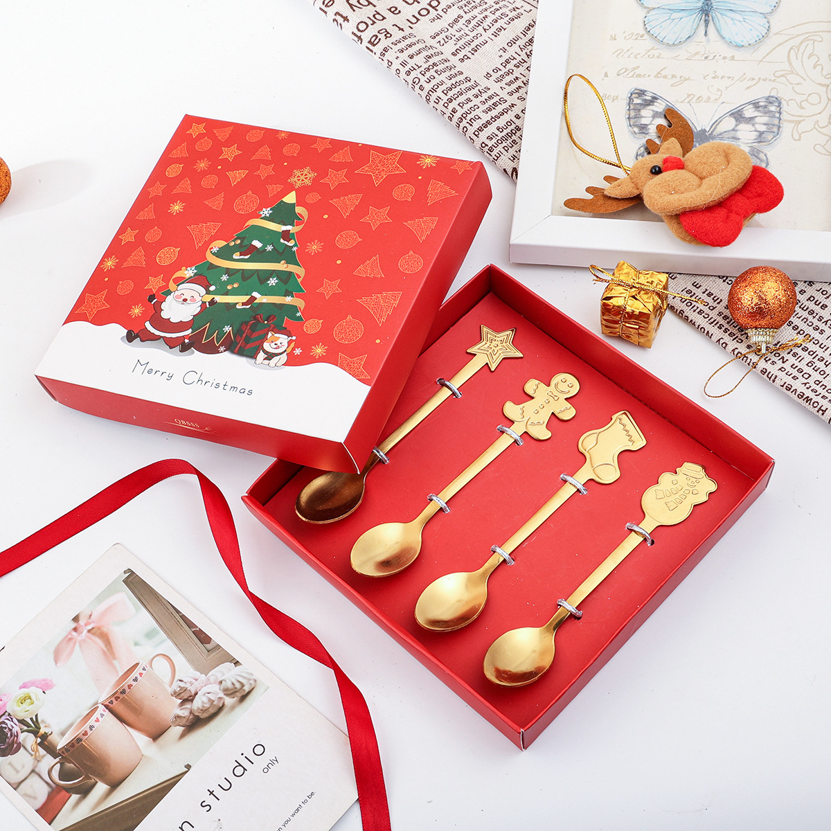 1 Set Quantity Festival Occasion Stainless Steel Material Christmas Cute Cartoon Stainless Steel Festival Tableware 1 Set