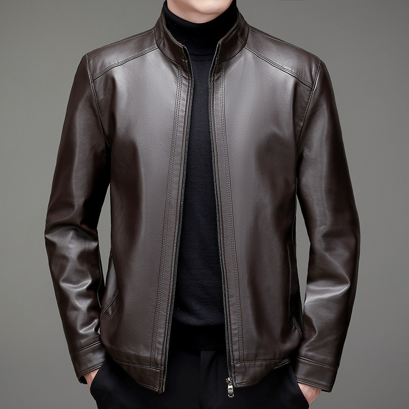 Haining Leather Jacket for Men, Middle-Aged Stand Collar, Genuine Sheepskin Texture, Men's Fleece-Lined, Thickened, Loose-Fitting Dad Coat