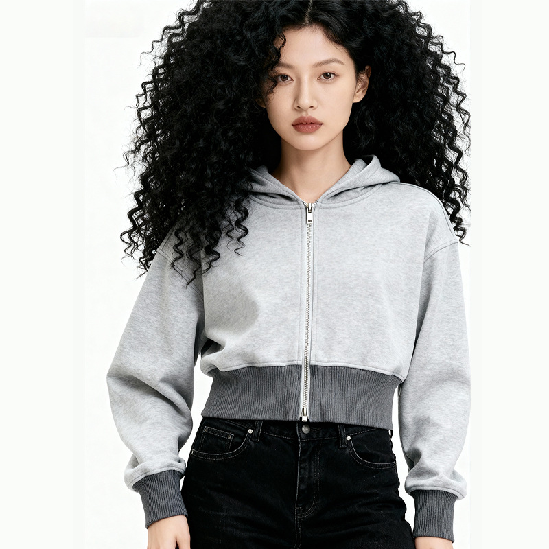 American Retro 400g Rabbit Velvet Sweatshirt Women's Trendy Brand Zipper Hooded Top Pullover Loose Short Jacket Wholesale