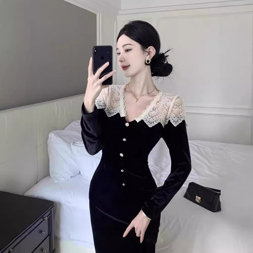 法式感蕾丝拼接丝绒连衣裙女秋冬名媛气质修身小礼服内搭长裙