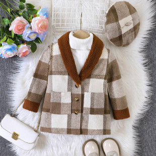 EW foreign trade children's clothing new children's clothing girls' winter fur collar plaid coat + beret WT531-C