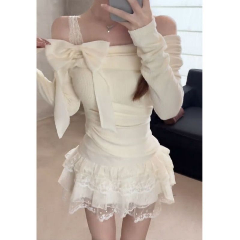 French-style off-shoulder bow lace-up long-sleeve sweater women's autumn and winter slim-fit off-shoulder inner base shirt top French-style off-shoulder bow lace-up long-sleeve sweater women's autumn and winter slim-fit off-shoulder inner base shirt top