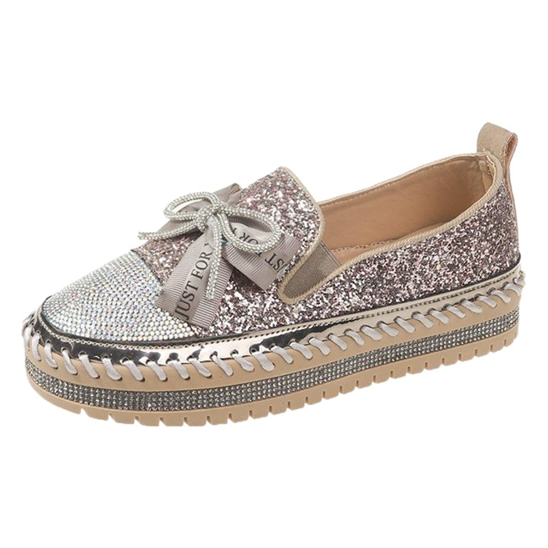Fashionable Women's Casual Shoes 2025 Autumn and Winter New Style Shallow Mouth Hand-Sewn Loafers Korean Style Rhinestone Sneakers