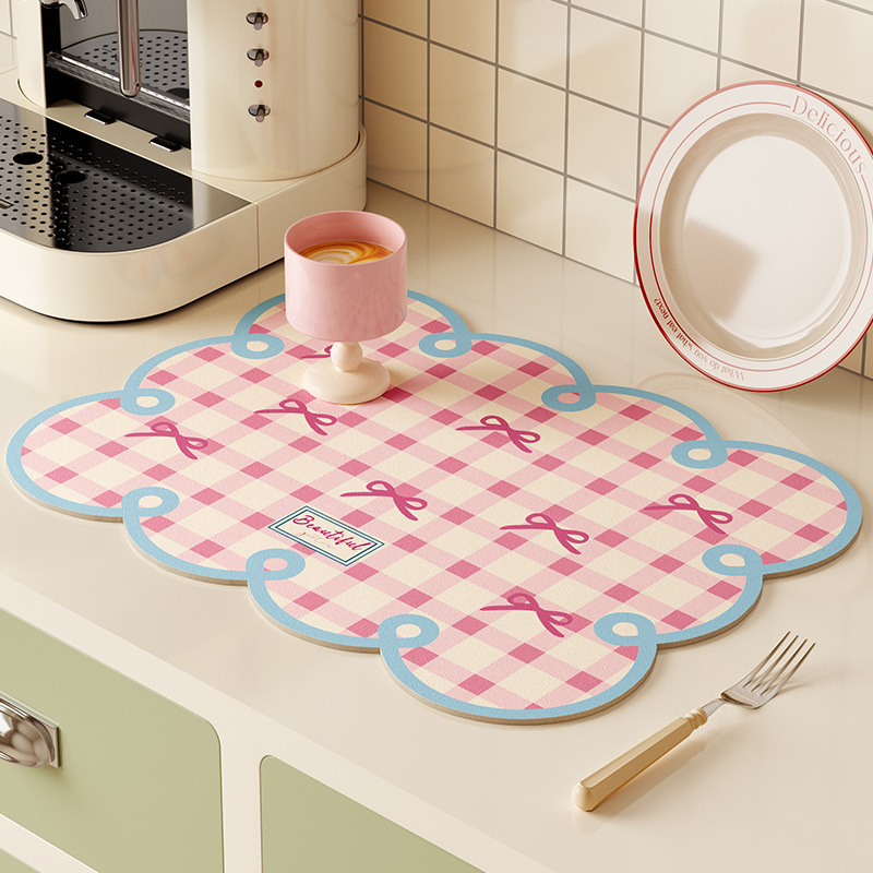 Hot-Selling Plaid Draining Mat for Kitchen Countertops, Heat-Resistant Mat for Tableware, Bar Counter Diatomaceous Earth Water-Absorbing Non-Slip Table Mat