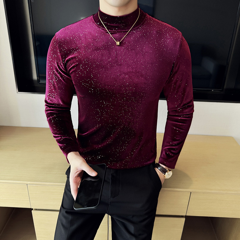 Fall/winter 2024 semi-high collar gold velvet long sleeve slim T-shirt men's fashion pullover fleece-lined collar solid color base shirt