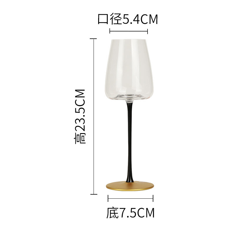 Taza de vino de borgoña moderna simple, taza de vino de estómago grande, vidrio de cristal de lujo ligero, barra negra, fondo de oro, taza de pie alto