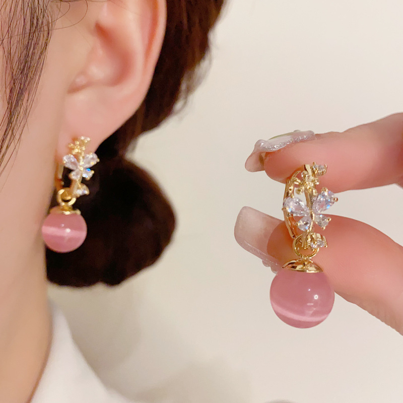 Fashion Gold Copper Inlaid Zirconium Flower Cat Eye Hoop Earrings