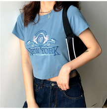 刺绣夏季新款韩版纯欲风短款短袖T恤女学生修身上衣蓝色欧美涤纶