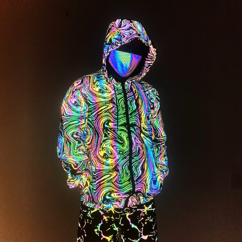 New Colorful Reflective Jacket Cross-Border European and American Men's Clothing Colorful Starry Sky Knitted Breathable Stretch Hooded Jacket Top