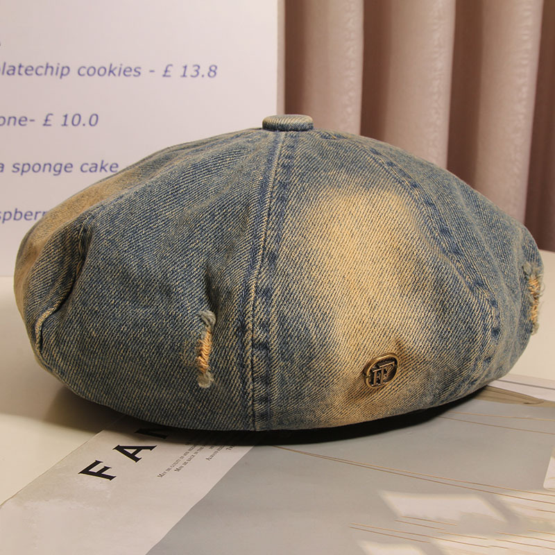 Hacer viejos agujeros agujeros sombrero de ocho ángulos mujer boina vaquero lavado primavera y verano red sombrero de nube retro muestra la cara pequeño sombrero pintor