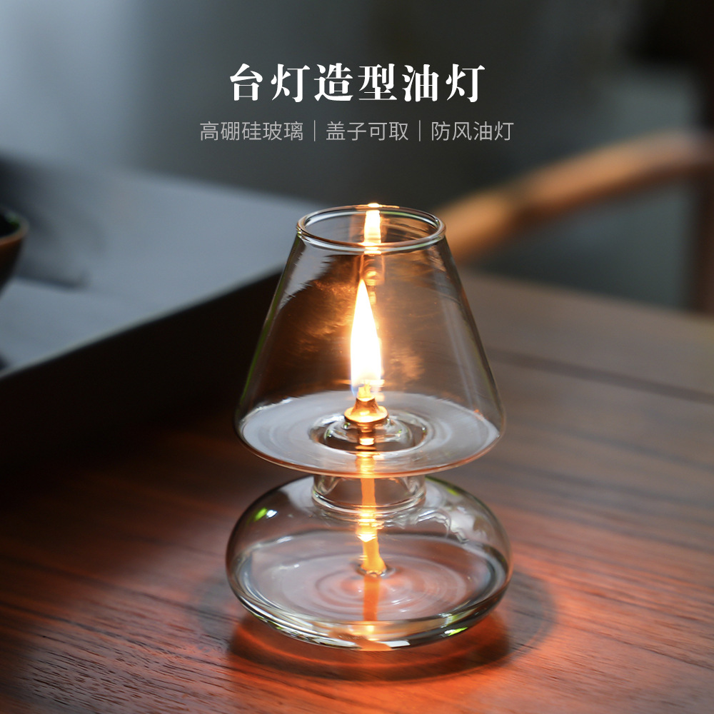 北欧风手工玻璃油灯欧式装饰家居烛台摆件批发带灯罩防风酥油灯