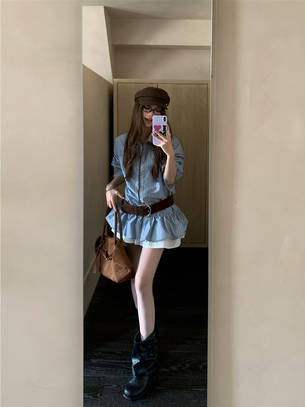 美式复古撞色条纹衬衫女装秋季宽松百搭别致蓝色长袖上衣chic衬衣|undefined