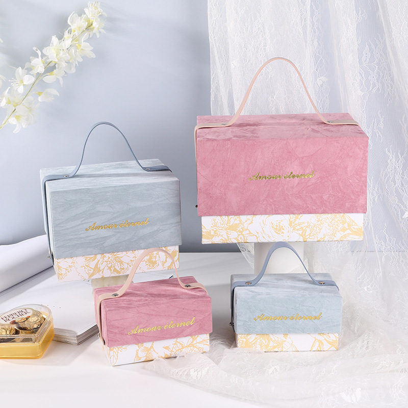 法式绒布轻奢手提伴手礼盒烫金印刷大容量包装盒结婚婚礼喜糖盒