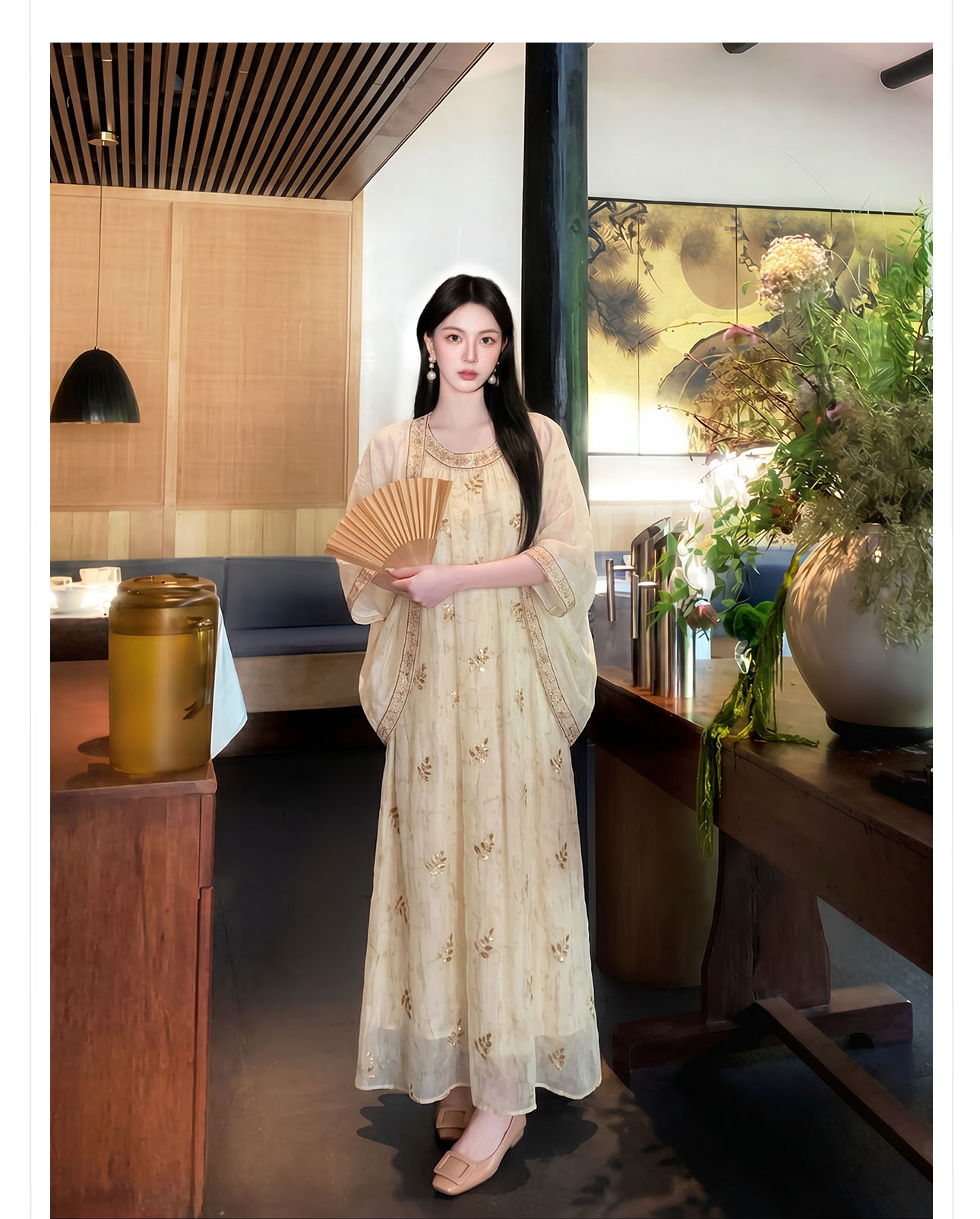 Bộ váy đầm maxi thắt eo phong cách tân cổ điển thêu hoa kết cườm — bộ đồ, váy liền, áo khoác chi tiết 7