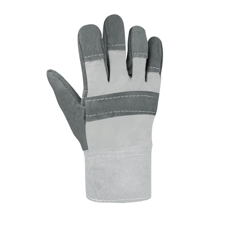 Guantes de soldadura de cuero vacuno eléctricos en stock del fabricante, guantes de protección laboral resistentes al desgaste para obras de construcción, guantes duraderos antideslizantes y engrosados.