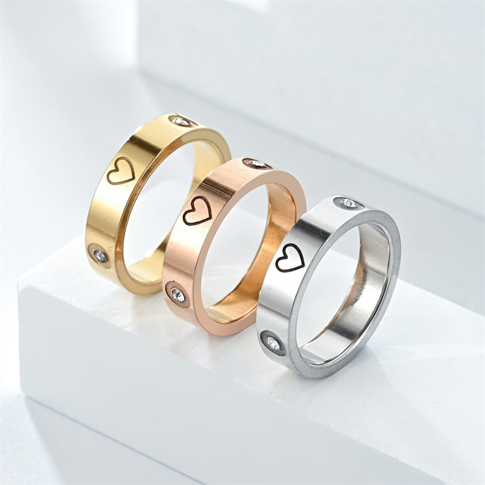 Simple Style Heart Shape Titanium Steel Inlay Rhinestones Couple Rings display picture 3
