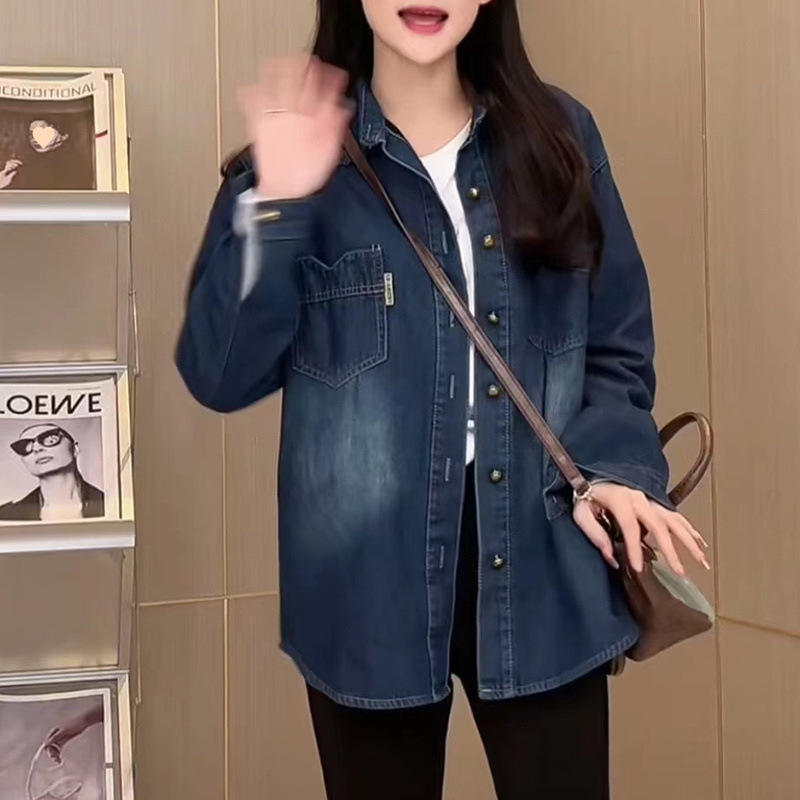 데님 봄과 가을 캐주얼 셔츠 새 긴 소매 가을과 겨울 중간 길이 느슨한 한국 패션 톱 코트 셔츠