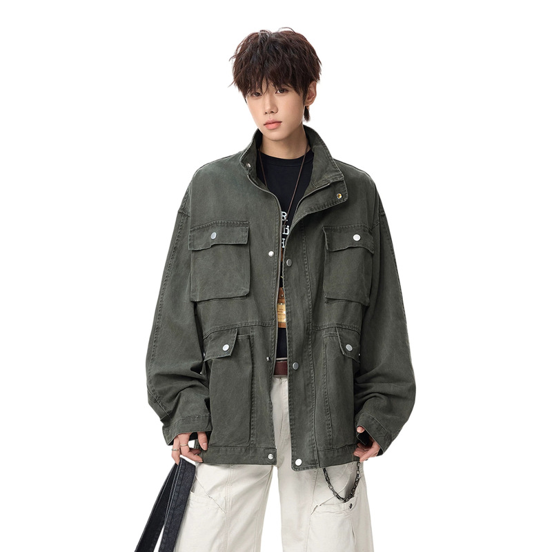 American retro green multi-pocket work jacket for men and women, autumn high street heavy-duty denim coat, washed drop-shoulder top