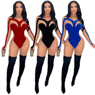 B9319 European and American Spring New Velvet Mesh Splicing Jumpsuit Black Sold Out