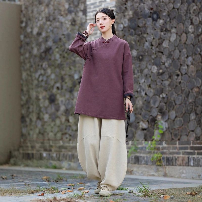 居士服女款秋冬加绒加厚棉麻上衣外套禅意佛系素衣套装打坐禅修服|undefined