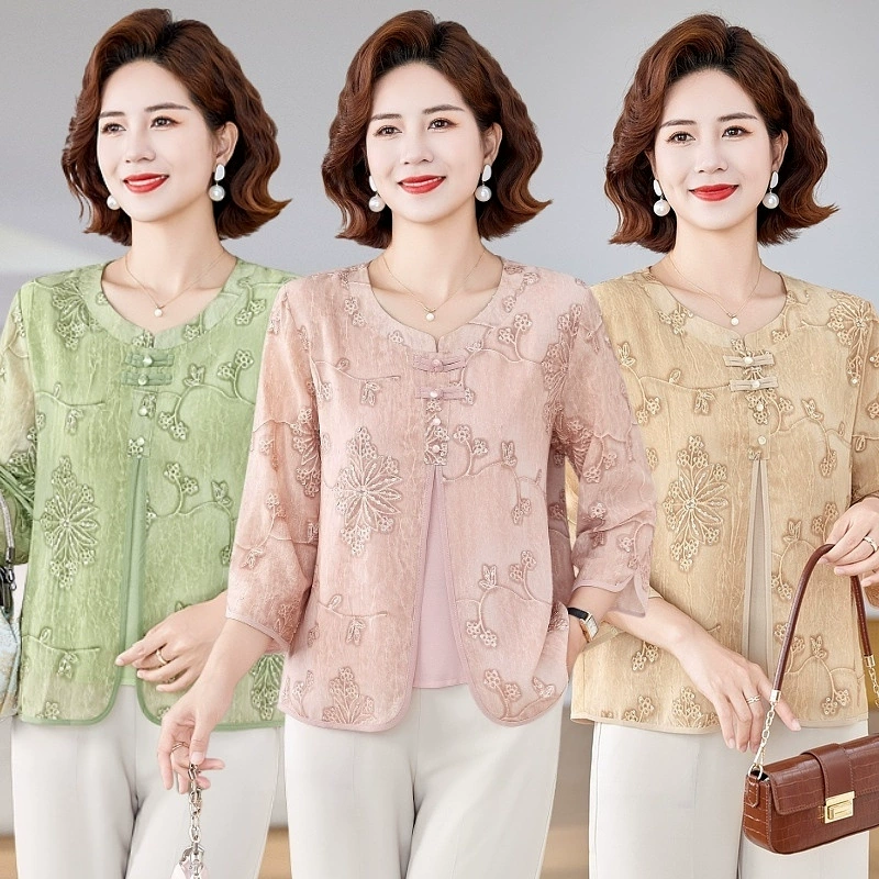 Мама летняя шифоновая рубашка с средним рукавом Новый китайский стиль 2025 новый средний и пожилой женский блузка с блестками