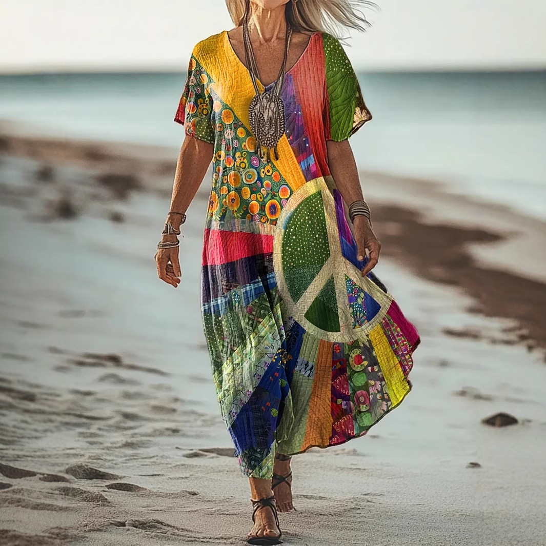 Creative Floral Women's Summer V-Neck Short Sleeve Dress, Midi Dress_ecoleips.com
