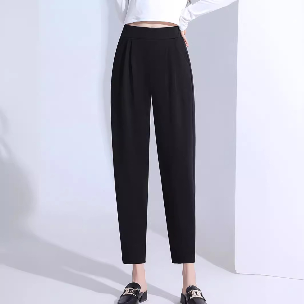 Spring and Summer Straight Cropped Pants High Waist Pocket Women's Harem Pants Stretch Casual Pants Belly Covering Slimming Smoke Pipe Pants