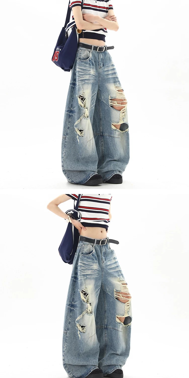 Men Women Washed Whiskering Ripped Jeans Street Style Summer New Retro Cool Scimitar Wide Leg Trousers_mkmklike.com