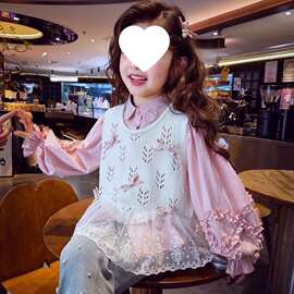 女童春秋款新款荷叶边衬衫蕾丝马甲钉珠牛仔裤时尚汉服2026新款