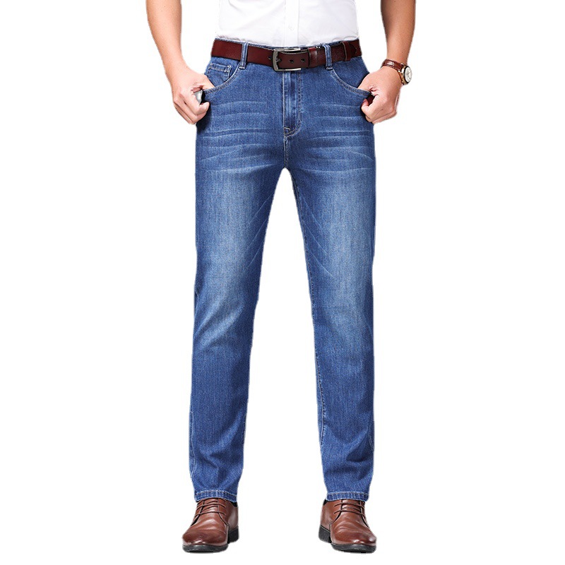 Cuatro Estaciones Nueva jeans stretch algodón regular transpirable simple hombres de negocios alta cintura suelta pantalones mezclilla recta