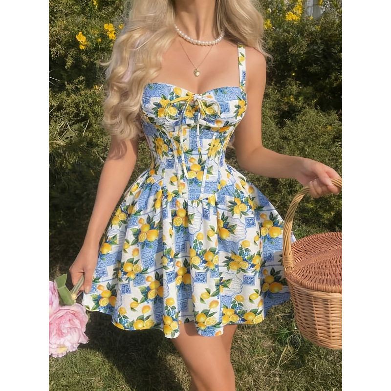 Women's New Summer Style French Romantic and Elegant Printed Lace-Up Waist-Cinching A-Line Suspender Mini Dress Women's New Summer Style French Romantic and Elegant Printed Lace-Up Waist-Cinching A-Line Suspender Mini Dress