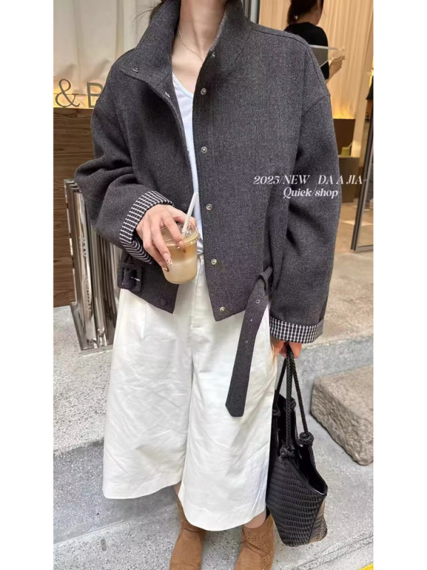 韩版毛呢立领长袖显瘦外套女2025秋季新款时尚百搭腰带夹克上衣|undefined