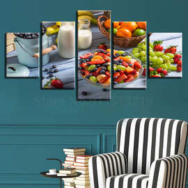 现代简约五联水果牛奶食物 喷绘画 创意沙发背景墙装饰画挂画油画