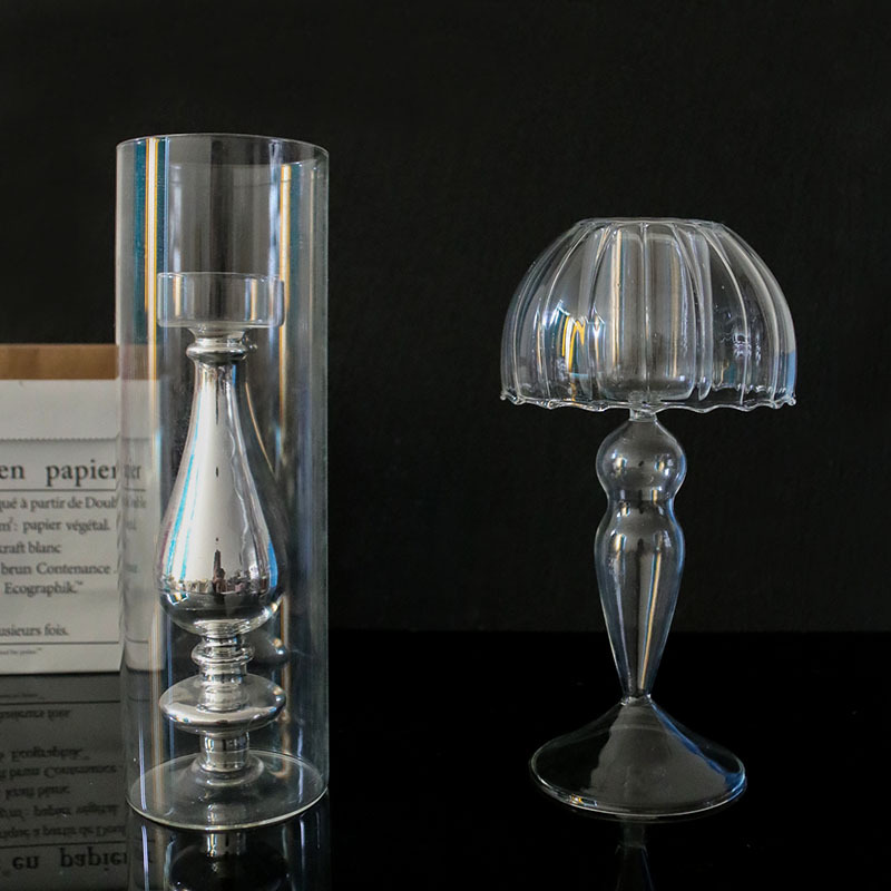 Candelabro de vidrio columnar en forma de paraguas para el hogar minimalista de estilo europeo, decoración de mesa de sala de estar de lujo ligero creativo, botella de vidrio hecha a mano
