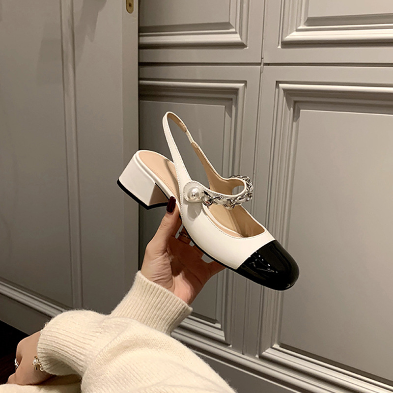 Mary Jane sandalias de tacón grueso mujer Baotou Pearl zapatos de mujer 2023 nuevas sandalias de estilo francés retro de una línea con hebilla pequeña fragancia