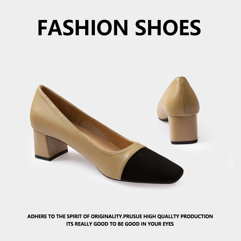 530 Chanel-Style Chunky Heel Women's Shoes, Smooth Surface, 2026 New Model, Color-Blocking, Square Toe, 5cm Heel Height, Casual Hot-Selling Women's Shoes