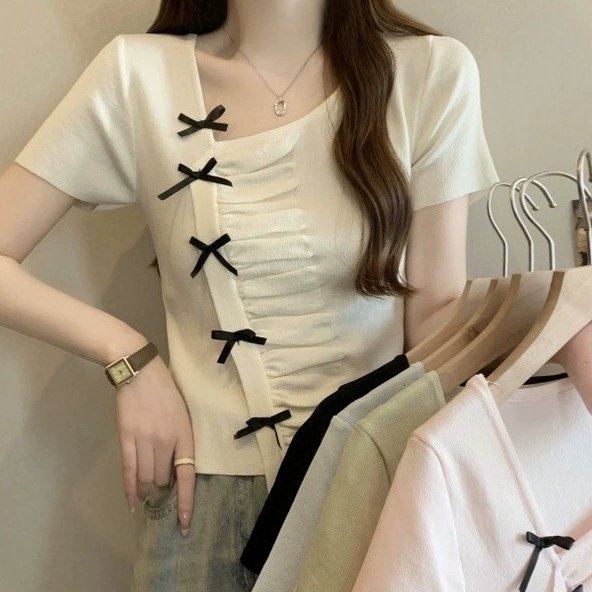 Нерегулярные облегающие летние топы с короткими рукавами, новый дизайн, нишевые топы, утягивающие и милые вязаные свитера для женщин